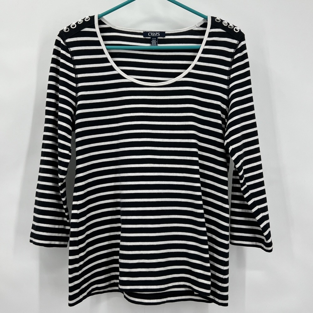 Chaps Women's PL Navy Blue White Striped Shirt Laced Accent Nautical Beach